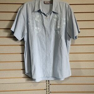 Vintage Premier International Blouse Top Shirt Embroidered Floral Blue Cotton‎ M
